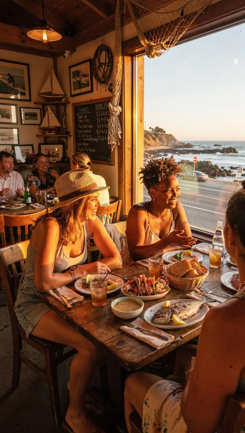 Солнечный пляж с отдыхающими, где можно сделать остановку во время поездки по побережью.