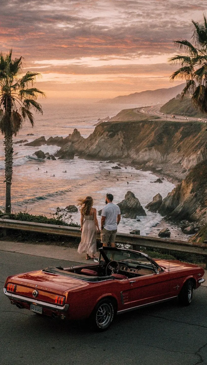 Вид на океан с обрывов во время поездки по Тихоокеанскому шоссе с солнечным пляжем внизу.