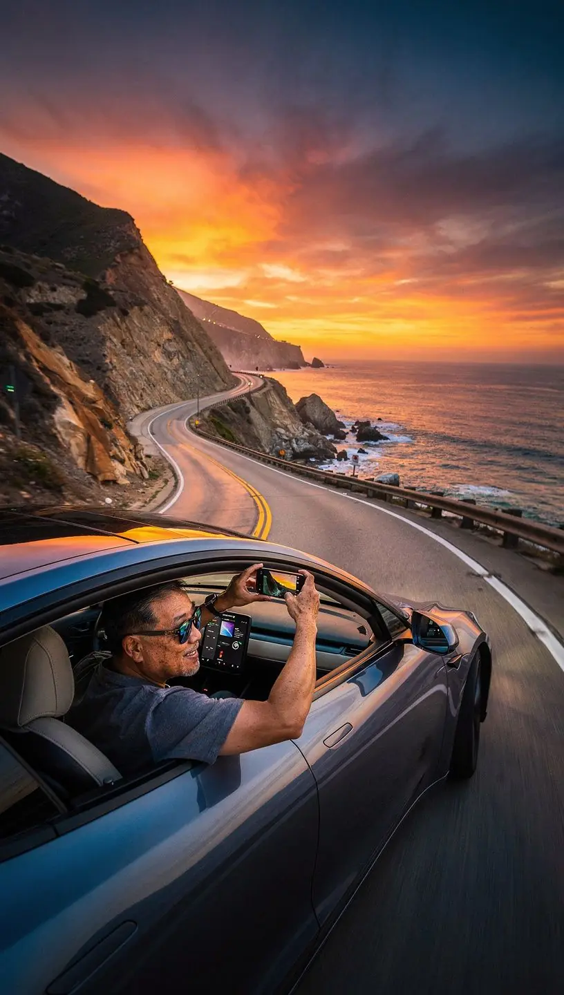 Поездка по Тихоокеанскому побережью с видами на обрывы и океан на горизонте.