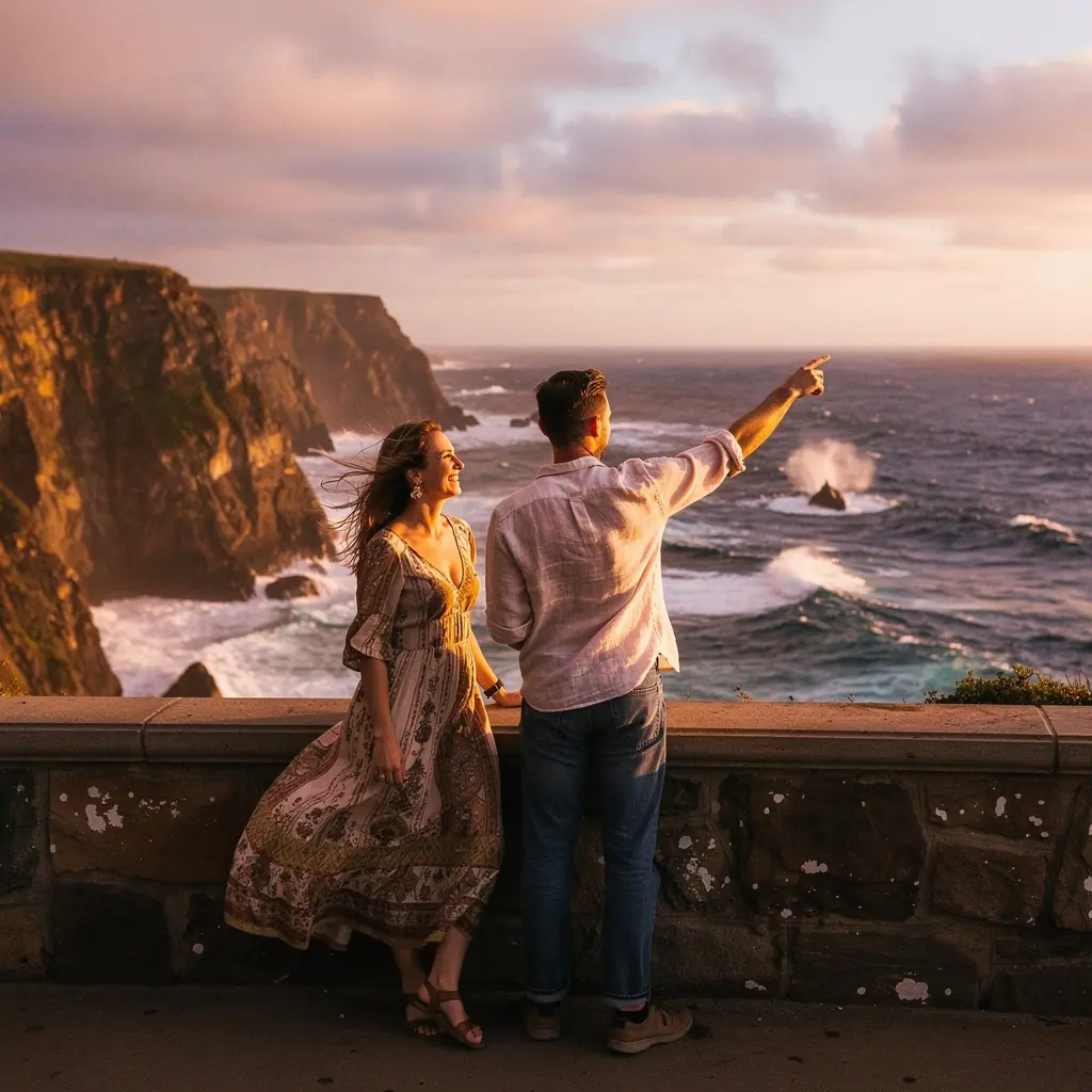 Автомобиль, движущийся по живописной дороге вдоль побережья, с захватывающими видами на волну и скалы.