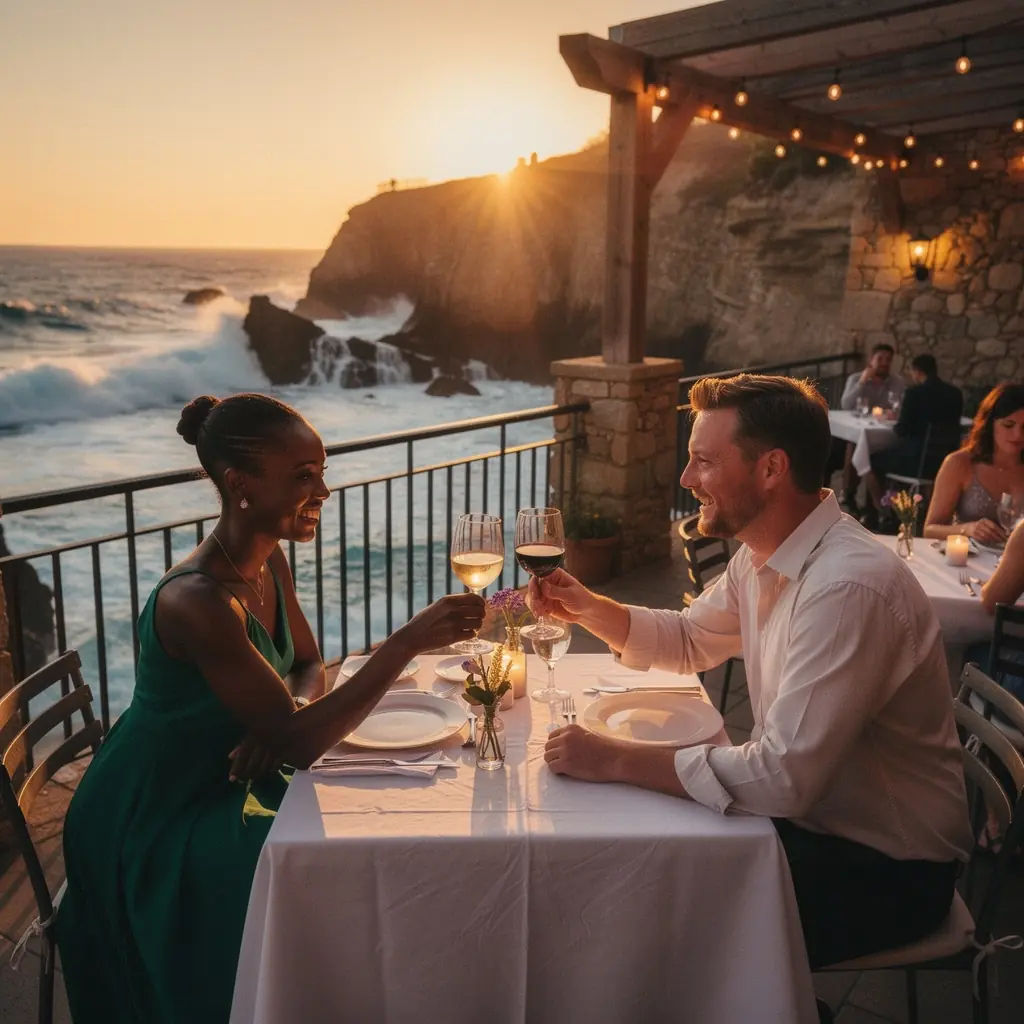 Очаровательный прибрежный город с уютными кафе и магазинами вдоль набережной.