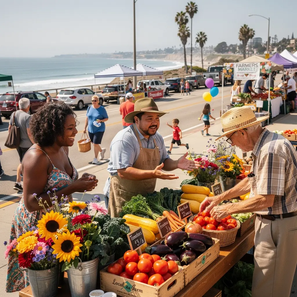 Очаровательный прибрежный городок с уютными магазинами и кафе на фоне океана.